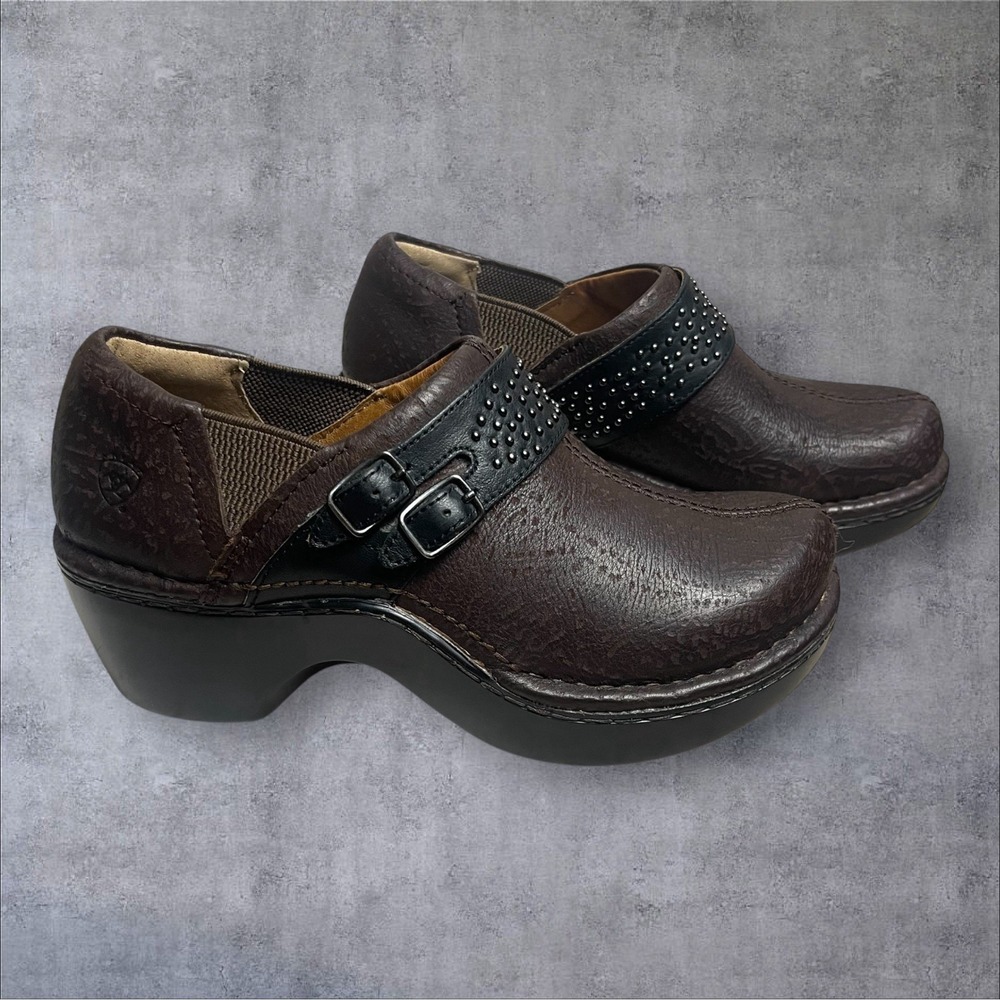 ARIAT Sheila Brown Leather Slip On Clogs Shoes Womens 6.5 Buckle Accents Western